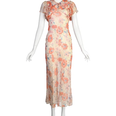 Vintage 1930s Coral and Ivory Floral Print Silk Chiffon Gown