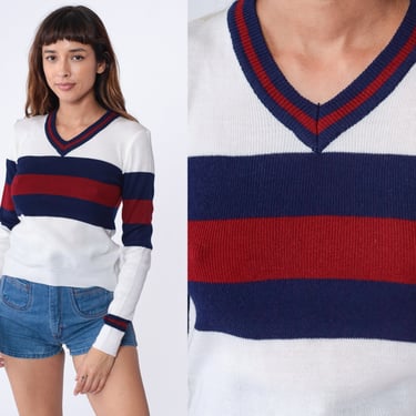 70s V Neck Sweater White Ringer Sweater Tennis Sweater Knit Retro Sweater Navy Blue Burgundy 1970s Pullover Vintage Lightweight Preppy Small 