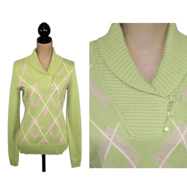 S 90s Y2K Pink and Green Argyle Sweater Small, Cotton Knit Pullover with Shawl Collar, Casual Clothes Women, Vintage Clothing LIZ CLAIBORNE 