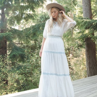 70s Cotton Voile Prairie Dress / Jody of California 1970s Baby Blue + White  Embroidered Bohemian Wedding Dress / Vintage Sheer Maxi Dress 