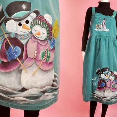 Vintage 80s handpainted jumper with a snowman couple in love. Kitschy novelty vintage. One of a kind. By Sunbelt. (M/L) 