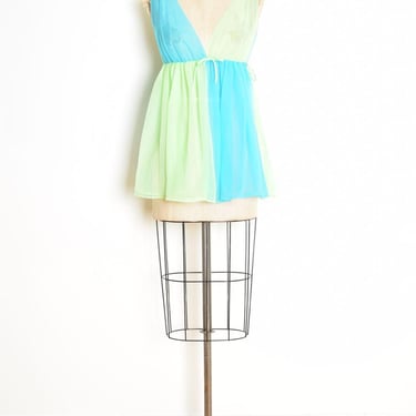 vintage 60s lingerie top babydoll chiffon blue green color block mod nightie clothing one size 