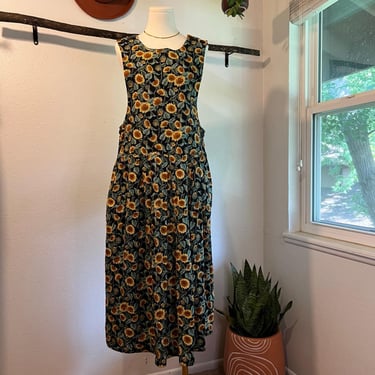 Vintage Handmade Sunflower Floral Print Overall Sleeveless Midi Dress Size Medium 