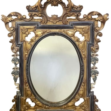 19th C. Carved Rococo-Style Black and Gold Mirror with Painted Hanging Garlands