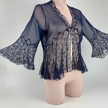 1930's Silk Chiffon & Lace Blouse - Sheer Lingerie - Lace Godet Details - Women's Size Small to Medium 
