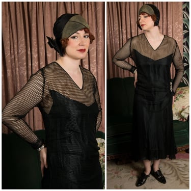 1920s Dress - Amazing Vintage 20s Fishenet Dress with Nude Illusion Yoke and Scalloped Hem 