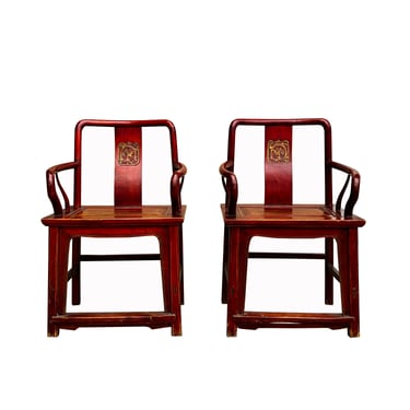 Pair Chinese Vintage Motif Carving Accent Brown Stain Armchairs cs7569E 