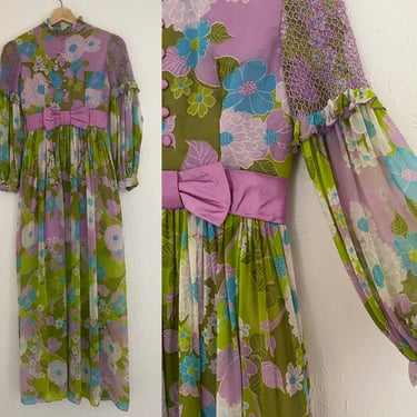 Vintage 70s Purple & Green Psychedelic Chiffon Floral Maxi Gown w/ Caged Balloon Sleeves 