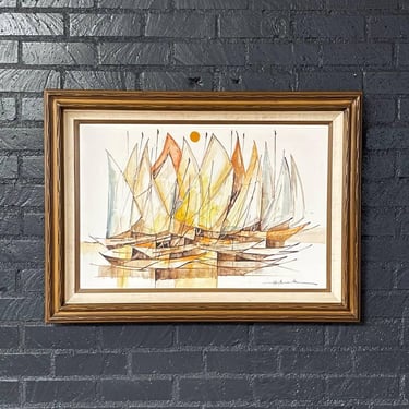 Mid-Century Modern Sailboat Fleet Oil Painting by Alfred B. - Signed Original 