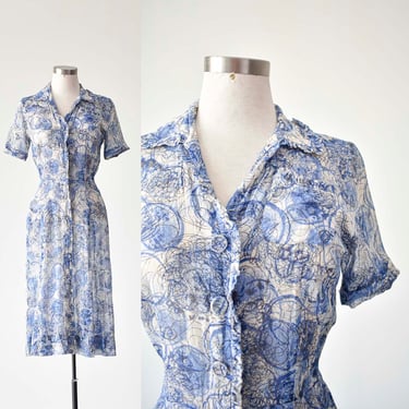 Vintage 1940s Cocktail Dress / 1940s Dress / Blue and White Dress / Antique Dress / True Vintage / Vintage 40s Dress XS / 40s Shirt Dress 