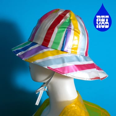 NWOT Mod Dream Vintage 60s 70s Colorful Stripe Vinyl Hat with Chin Strap 