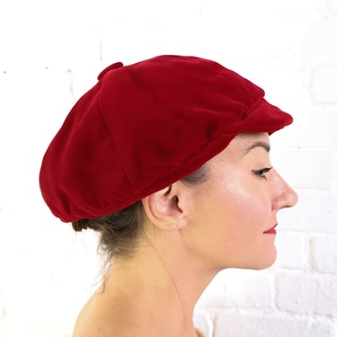 1960s Velvet Red Beret | 60s Red Silk Velvet Cap | Twiggy 