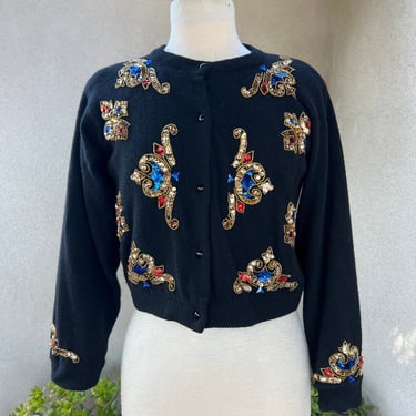 Vintage 60s style embellished sequins black lambs wool cardigan sweater Sz Small by I Did It 