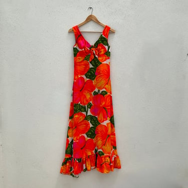 1960s Orange and Green Hawaiian Maxi Dress