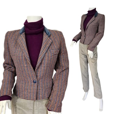 Ashford 1980's Cropped Blue Burgundy Houndstooth Plaid Blazer I Suit Coat I Jacket I Sz Sm 