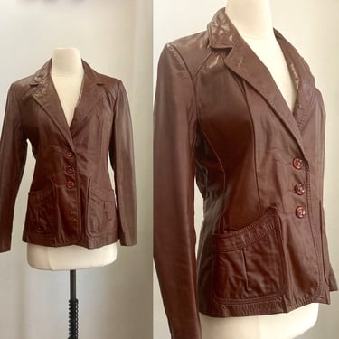 Vintage 70's BROWN Leather Jacket Blazer / BACK BUTTON Sash / Pleated Pockets / Three Button Closure 