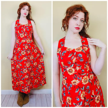 1990s Vintage Red Sunflower Cross Back Sundress / 90s Floral All That Jazz Midi Dress / Size Medium 