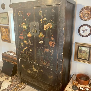 Antique Chinese Chinoiserie Black Lacquer Wardrobe Cabinet