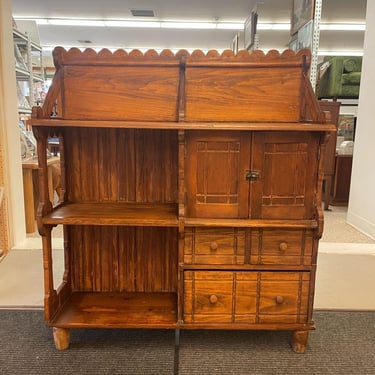 Free shipping within continental US -  Vintage Primitive Arts and Crafts Style Carved Wood Bookshelf and Storage Cabinet 