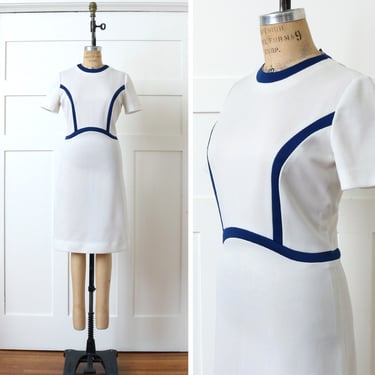 vintage 1960s white & blue scooter dress • mod double-knit poly short sleeve dress 