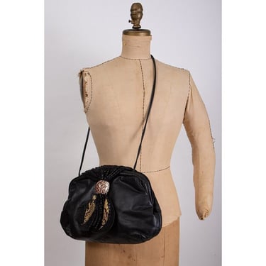 Vintage black leather perforated oversized shoulder bag / 1980s padded clutch purse 