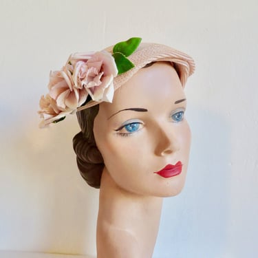1960's Pastel Pink Straw Calot Hat with Fabric Roses Green Leaves Trim 60's Spring Summer Millinery Betmar B. Altman & Co. 