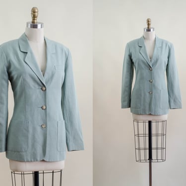 duck egg linen jacket | 90s vintage pastel mint green light dark academia nipped waist linen silk blazer coat 