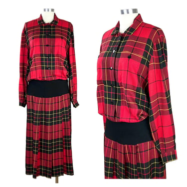 80s Red Plaid Pleated Maxi Dress Large, Long Sleeve Winter Tartan Collar Blouson Drop Waist, 1980s Clothes Women Vintage ILGWU RONNIE HELLER 