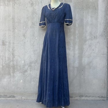 Antique Edwardian Blue Indigo Silk Brocade Dress Maxi Lace Polka Dot Vintage