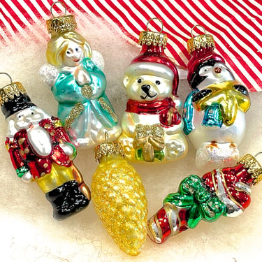 VINTAGE: 6pcs - Mini Christmas Tree Glass Ornaments - Holiday Decorations - Bear Angel Soldier Candy Cane Penguin Pinecone - SKU 00035665 