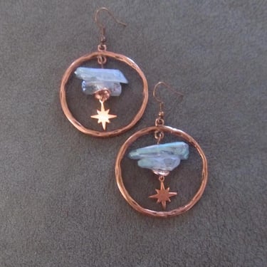 Raw quartz iridescent crystal earrings, rustic boho copper unique earrings, geode natural bohemian hoop 