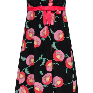 Anna Sui - Black, Pink & Green Floral Print Strapless A-Line Dress Sz 4