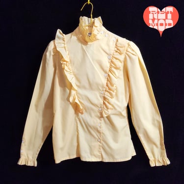 Fashionable Vintage 70s 80s Light Golden Straw Yellow Long Sleeve Cotton Blouse with Lots of Ruffles 