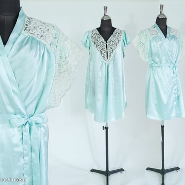 1970s Blue Peignoir Set | 70s Turquoise Blue Short Peignoir Set l Lily of France l Large 