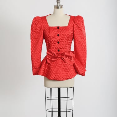 Vintage 80s Scott McClintock quilted red bow Puff sleeve Christmas peplum blouse jacket 