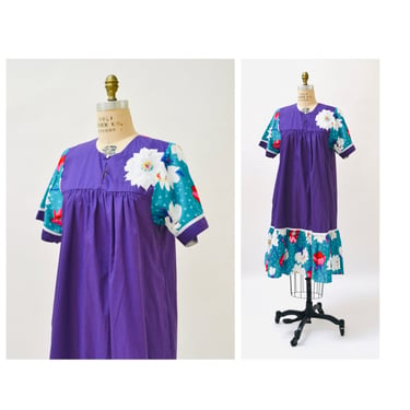 80s Vintage Floral Print Dress Size Large Cotton Hawaiian Print Moo Moo Dress Purple Green Polka Dot Large Plus Size Summer cotton Dress 