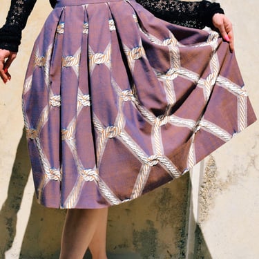 ROPE WOVEN Vintage 60s Pink Purple Tonal Print Full Skirt SZ S to Medium 