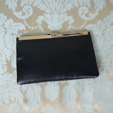 Vintage 1960s ETRA Black Leather Envelope Clutch Purse with Gold Tone Hardware and Wrist Chain 