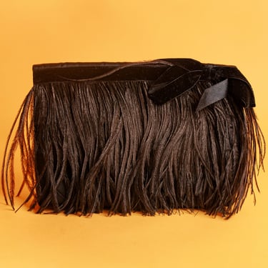 50s Black Feather Fringe Satin Rectangular Clutch Vintage Folded Evening Formal Clutch Purse 