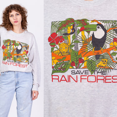 90s Save The Rainforest Sweatshirt Men's Large, Women's XL | Vintage Distressed Heather Grey Graphic Animal Pullover 