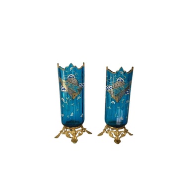 Antique Hand Painted Glass Vase with Bronze Ormolu Mounts- A Pair 