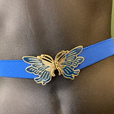 blue butterfly belt 1980s fashion enamel stretch waspie adjustable to medium 