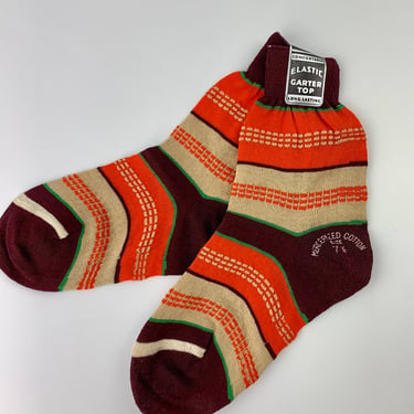 1950'S Crew Socks - All Mercerized Cotton - Brown with Orange, Beige & Thin Green Stripes - Never Worn - NOS Dead Stock - Size Small 7-1/2 