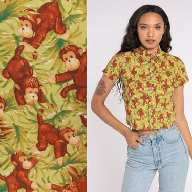 Monkey Button Up Shirt Chimpanzee Blouse Animal Short Sleeve Top Vintage Summer Top Curious George Shirt Jungle 2xs xxs 