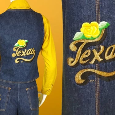1970s Texas denim suit. Vik Vizette jeans with vest. Yellow rose of Texas. Bold embroidery & dark denim. Novelty vintage. 