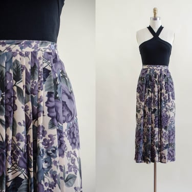 purple floral wrap skirt | 90s vintage romantic floral cottagecore pleated sheer chiffon midi skirt 