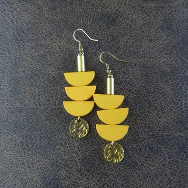 Yellow wooden earrings, mid century modern earrings, unique pagoda earrings, gold 