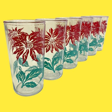 Vintage Federal Glass Poinsettia Glasses Retro 1960s Mid Century Modern + Christmas Glassware + Red/Green Flower + Set of 6 + Xmas Kitchen 