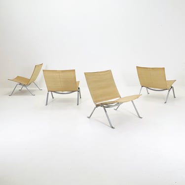 Set of 4 Mid century modern Poul Kjærholm PK22 Lounge Chairs by Fritz Hansen Canvas Upholstery Denmark, 1980s 