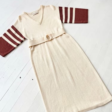 1980s Oscar de la Renta Belted Knit Dress with Striped Sleeves 